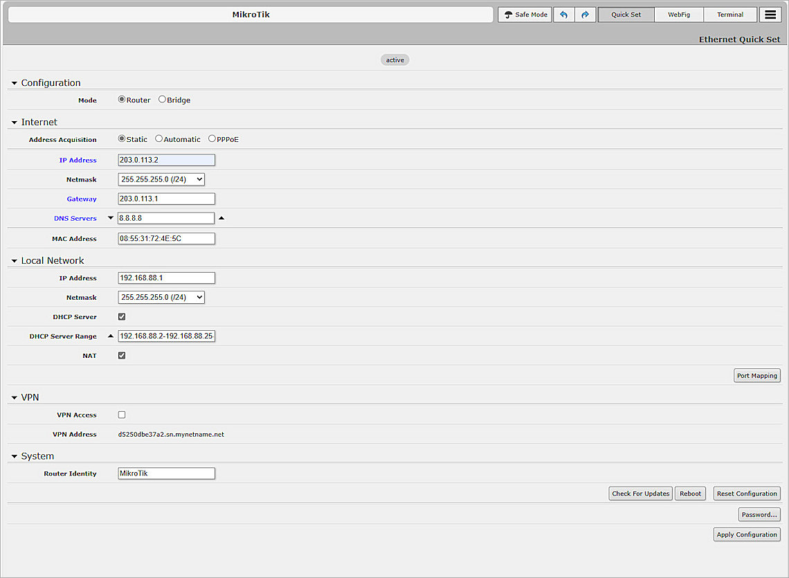 Screenshot of Mikrotik, Basic Settings 3